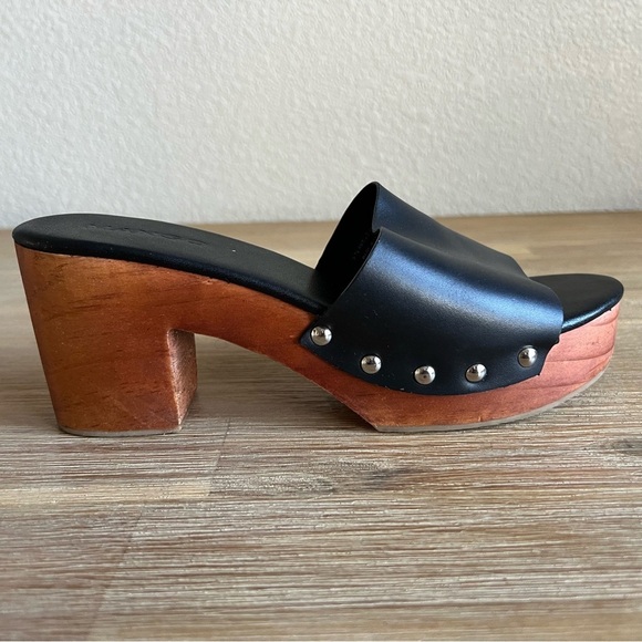 Mango Shoes Womens 7.5 Black Leather Chunky Wood Studded Platform Block Heel - Picture 5 of 16